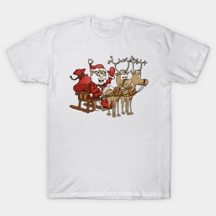 Santa Claus sitting in his sledge with two reindeers. T-Shirt